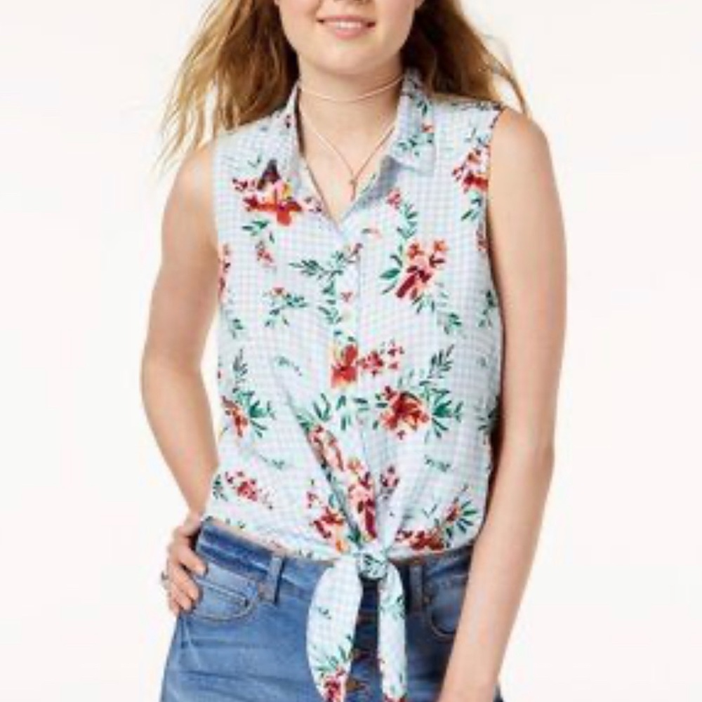 Polly & Esther Gingham Plaid Floral button up tie front shirt XS
